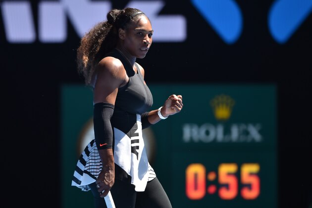 Serena Williams of the US reacts after a point against Nicole Gibbs of the US during their women's singles third round match on day six of the Australian Open tennis tournament in Melbourne on January 21, 2017. / AFP / PETER PARKS / IMAGE RESTRICTED TO EDITORIAL USE - STRICTLY NO COMMERCIAL USE        (Photo credit should read PETER PARKS/AFP/Getty Images)