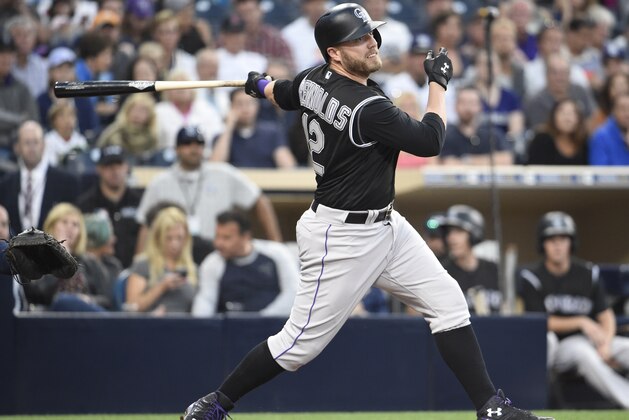 SAN DIEGO, CALIFORNIA - JUNE 4:  Mark Reynolds #12 of the Colorado Rockies plays during a baseball game against the San Diego Padres at PETCO Park on June 4, 2016 in San Diego, California.  (Photo by Denis Poroy/Getty Images)
