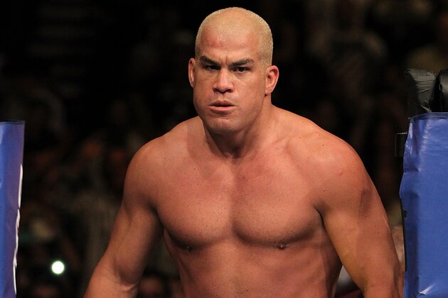 LAS VEGAS, NV - JULY 7:   Tito Ortiz enters the Octagon before his light heavyweight bout against Forrest Griffin at UFC 148 inside MGM Grand Garden Arena on July 7, 2012 in Las Vegas, Nevada.  (Photo by Josh Hedges/Zuffa LLC/Zuffa LLC via Getty Images)