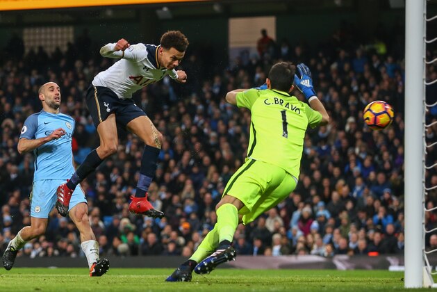 MANCHESTER, ENGLAND - JANUARY 21: Dele Alli of Tottenham Hotspur scores a goal to make it 2-1 during the Premier League match between Manchester City and Tottenham Hotspur at Etihad Stadium on January 21, 2017 in Manchester, England. (Photo by Robbie Jay Barratt - AMA/Getty Images)