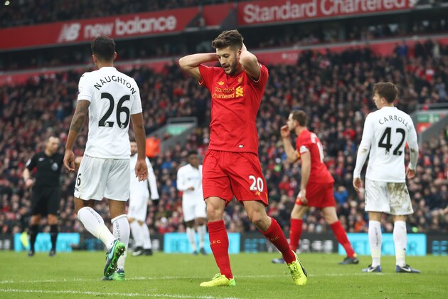 LIVERPOOL, ENGLAND - JANUARY 21:  Adam Lallana of Liverpool reacts during the Premier League match between Liverpool and Swansea City at Anfield on January 21, 2017 in Liverpool, England.  (Photo by Julian Finney/Getty Images)