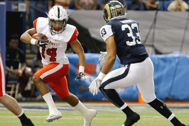 ST. PETERSBURG, FL - JANUARY 21:  The East's Marcus Cox #14 of Appalachian State looks running room around West's Kevin Davis #33 of Colorado State during the second quarter of the East-West Shrine Game at Tropicana Field on January 21, 2017, in St. Petersburg, Florida. (Photo by Joseph Garnett, Jr. /Getty Images)