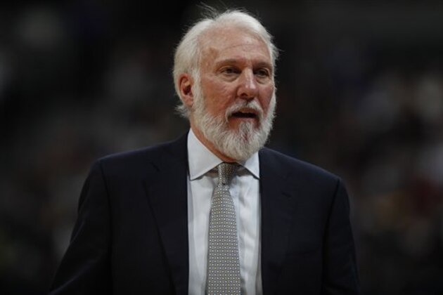 San Antonio Spurs head coach Gregg Popovich in the second half of an NBA basketball game Thursday, Jan. 5, 2017, in Denver. The Spurs won 127-99. (AP Photo/David Zalubowski)