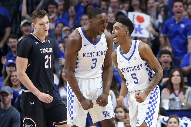 LEXINGTON, KY - JANUARY 21:  Malik Monk #5 of the Kentucky Wildcats celebrates with Bam Adebayo #3 during the first half at Rupp Arena on January 21, 2017 in Lexington, Kentucky.  (Photo by Michael Reaves/Getty Images)