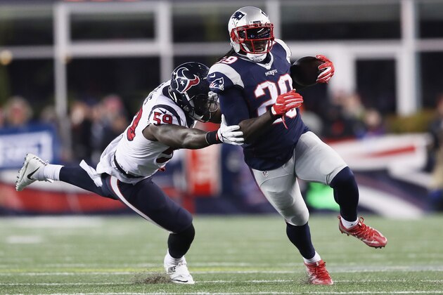 FOXBORO, MA - JANUARY 14: LeGarrette Blount #29 of the New England Patriots runs the ball in the second half against the Houston Texans during the AFC Divisional Playoff Game at Gillette Stadium on January 14, 2017 in Foxboro, Massachusetts.  (Photo by Elsa/Getty Images)