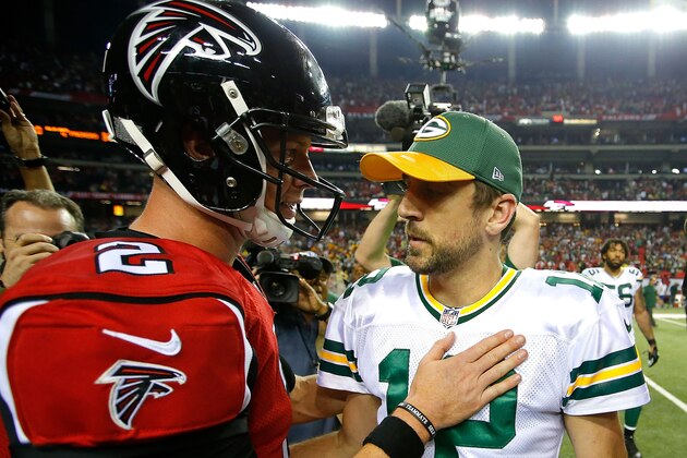 ATLANTA, GA - OCTOBER 30:  Matt Ryan #2 of the Atlanta Falcons converses with Aaron Rodgers #12 of the Green Bay Packers after their 33-32 win at Georgia Dome on October 30, 2016 in Atlanta, Georgia.  (Photo by Kevin C. Cox/Getty Images)