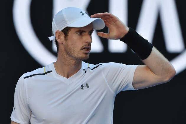 Britain's Andy Murray reacts after a point against Germany's Mischa Zverev during their men's singles fourth round match on day seven of the Australian Open tennis tournament in Melbourne on January 22, 2017. / AFP / PAUL CROCK / IMAGE RESTRICTED TO EDITORIAL USE - STRICTLY NO COMMERCIAL USE        (Photo credit should read PAUL CROCK/AFP/Getty Images)