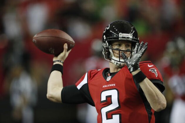 Atlanta Falcons quarterback Matt Ryan (2) warms up before the first half of an NFL football NFC divisional playoff game between the Atlanta Falcons and the Seattle Seahawks, Saturday, Jan. 14, 2017, in Atlanta. (AP Photo/John Bazemore)