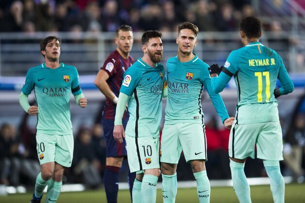 EIBAR, SPAIN - JANUARY 22:  Denis Suarez of FC Barcelona celebrates with his teammate Lionel Messi and Neymar Jr. of FC Barcelona after scoring the opening goal during the La Liga match between SD Eibar and FC Barcelona at Ipurua Municipal Stadium on January 22, 2017 in Eibar, Spain.  (Photo by Juan Manuel Serrano Arce/Getty Images)
