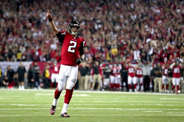 ATLANTA, GA - JANUARY 22: Matt Ryan #2 of the Atlanta Falcons reacts after a touchdown in the fourth quarter against the Green Bay Packers in the NFC Championship Game at the Georgia Dome on January 22, 2017 in Atlanta, Georgia. (Photo by Tom Pennington/Getty Images) ATLANTA, GA - JANUARY 22: Matt Ryan #2 of the Atlanta Falcons reacts after a touchdown in the fourth quarter against the Green Bay Packers in the NFC Championship Game at the Georgia Dome on January 22, 2017 in Atlanta, Georgia. (Photo by Tom Pennington/Getty Images)