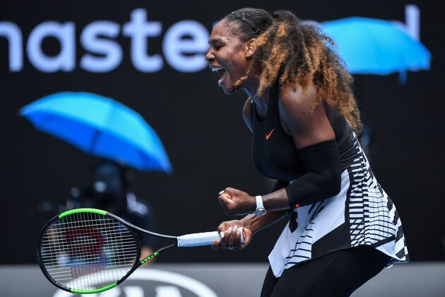 Serena Williams of the US reacts after a point against Czech Republic's Barbora Strycova during their women's singles fourth round match on day eight of the Australian Open tennis tournament in Melbourne on January 23, 2017. / AFP / WILLIAM WEST / IMAGE RESTRICTED TO EDITORIAL USE - STRICTLY NO COMMERCIAL USE        (Photo credit should read WILLIAM WEST/AFP/Getty Images)