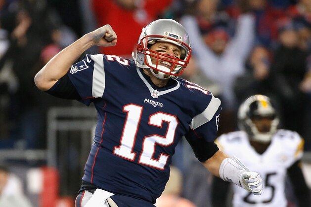 FOXBORO, MA - JANUARY 22:  (EDITORS NOTE: Retransmission with alternate crop.) Tom Brady #12 of the New England Patriots reacts during the third quarter against the Pittsburgh Steelers in the AFC Championship Game at Gillette Stadium on January 22, 2017 in Foxboro, Massachusetts.  (Photo by Jim Rogash/Getty Images)