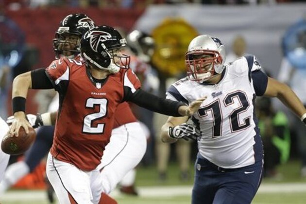 Atlanta Falcons quarterback Matt Ryan (2) is sacked by New England Patriots defensive tackle Joe Vellano (72) during the second half of an NFL football game, Sunday, Sept. 29, 2013, in Atlanta. (AP Photo/John Bazemore) Atlanta Falcons quarterback Matt Ryan (2) is sacked by New England Patriots defensive tackle Joe Vellano (72) during the second half of an NFL football game, Sunday, Sept. 29, 2013, in Atlanta. (AP Photo/John Bazemore)