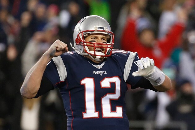 FOXBORO, MA - JANUARY 22:  Tom Brady #12 of the New England Patriots reacts during the second half against the Pittsburgh Steelers in the AFC Championship Game at Gillette Stadium on January 22, 2017 in Foxboro, Massachusetts.  (Photo by Jim Rogash/Getty Images)