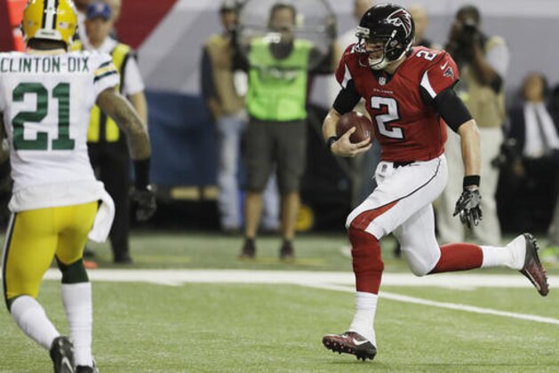 Atlanta Falcons' Matt Ryan runs for a touchdown during the first half of the NFL football NFC championship game against the Green Bay Packers Sunday, Jan. 22, 2017, in Atlanta. (AP Photo/David J. Phillip) Atlanta Falcons' Matt Ryan runs for a touchdown during the first half of the NFL football NFC championship game against the Green Bay Packers Sunday, Jan. 22, 2017, in Atlanta. (AP Photo/David J. Phillip)