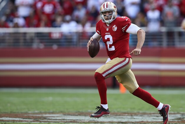 SANTA CLARA, CA - OCTOBER 02:   Blaine Gabbert #2 of the San Francisco 49ers looks to throw a pass against the Dallas Cowboys at Levi's Stadium on October 2, 2016 in Santa Clara, California. (Photo by Ezra Shaw/Getty Images)