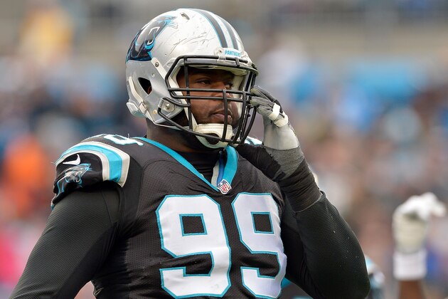CHARLOTTE, NC - DECEMBER 11:  Kawann Short #99 of the Carolina Panthers looks on after a play against the San Diego Chargers in the first quarter during the game at Bank of America Stadium on December 11, 2016 in Charlotte, North Carolina.  (Photo by Grant Halverson/Getty Images)