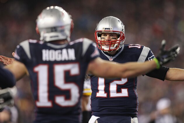 FOXBORO, MA - JANUARY 22:  Chris Hogan #15 celebrates with Tom Brady #12 of the New England Patriots after making a 34-yard touchdown reception during the second quarter against the Pittsburgh Steelers in the AFC Championship Game at Gillette Stadium on January 22, 2017 in Foxboro, Massachusetts.  (Photo by Patrick Smith/Getty Images)