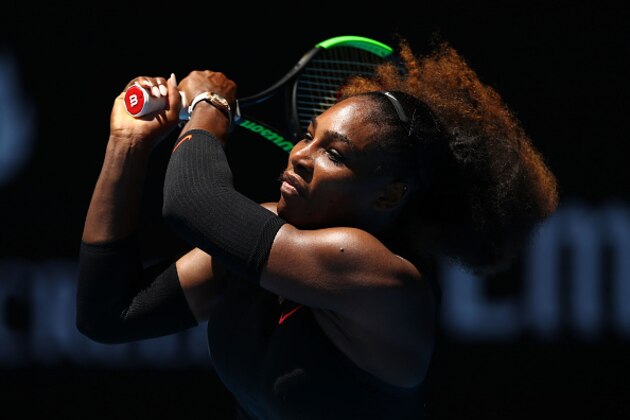 MELBOURNE, AUSTRALIA - JANUARY 23:  Serena Williams of the United States plays a backhand in her fourth round match against Barbora Strycova of the Czech Republic on day eight of the 2017 Australian Open at Melbourne Park on January 23, 2017 in Melbourne, Australia.  (Photo by Clive Brunskill/Getty Images)