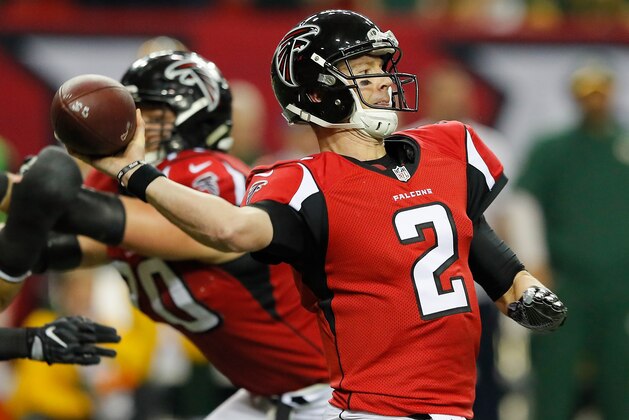 ATLANTA, GA - JANUARY 22: Matt Ryan #2 of the Atlanta Falcons attempts a pass against the Green Bay Packers during the second quarter in the NFC Championship Game at the Georgia Dome on January 22, 2017 in Atlanta, Georgia.  (Photo by Kevin C. Cox/Getty Images)