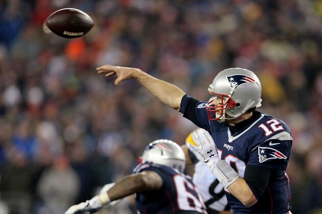 FOXBORO, MA - JANUARY 22:  Tom Brady #12 of the New England Patriots attempts a pass against the Pittsburgh Steelers during the fourth quarter in the AFC Championship Game at Gillette Stadium on January 22, 2017 in Foxboro, Massachusetts. The New England Patriots defeated the Pittsburgh Steelers 36-17. (Photo by Maddie Meyer/Getty Images)