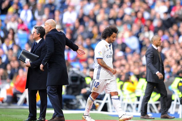 MADRID, SPAIN - JANUARY 21:  Marcelo of Real Madrid CF comes off substituted during the La Liga match between Real Madrid CF and Malaga CF at the Bernabeu on January 21, 2017 in Madrid, Spain.  (Photo by Denis Doyle/Getty Images)