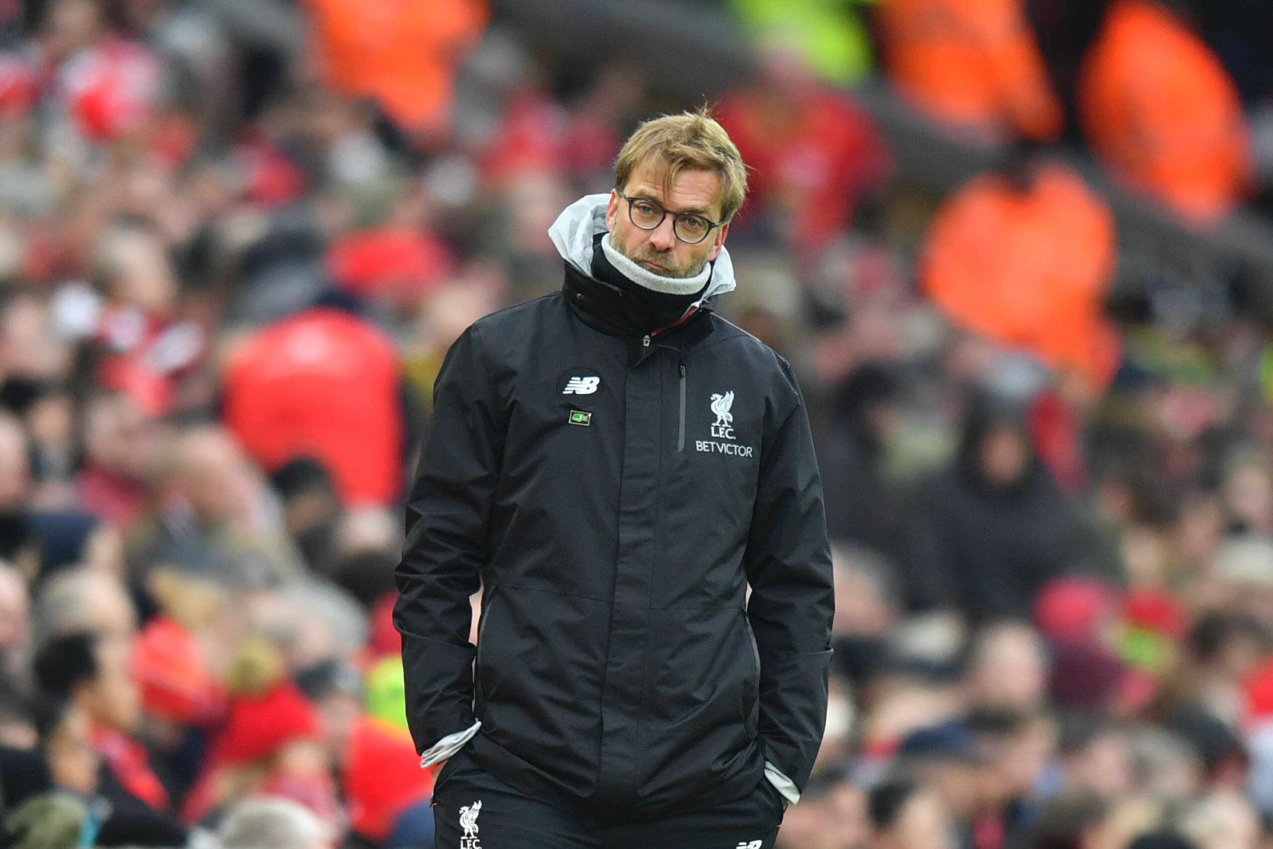 Liverpool's German manager Jurgen Klopp gestures on the touchline during the English Premier League football match between Liverpool and Swansea City at Anfield in Liverpool, north west England on January 21, 2017. / AFP / Anthony DEVLIN / RESTRICTED TO EDITORIAL USE. No use with unauthorized audio, video, data, fixture lists, club/league logos or 'live' services. Online in-match use limited to 75 images, no video emulation. No use in betting, games or single club/league/player publications.  /         (Photo credit should read ANTHONY DEVLIN/AFP/Getty Images)