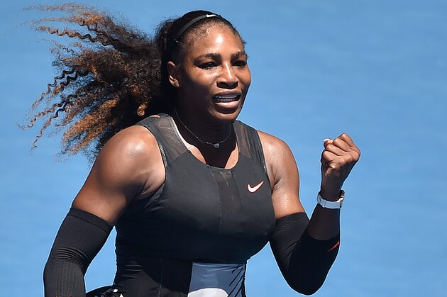 Serena Williams of the US celebrates her win against Czech Republic's Barbora Strycova during their women's singles fourth round match on day eight of the Australian Open tennis tournament in Melbourne on January 23, 2017.  / AFP / PETER PARKS / IMAGE RESTRICTED TO EDITORIAL USE - STRICTLY NO COMMERCIAL USE        (Photo credit should read PETER PARKS/AFP/Getty Images)