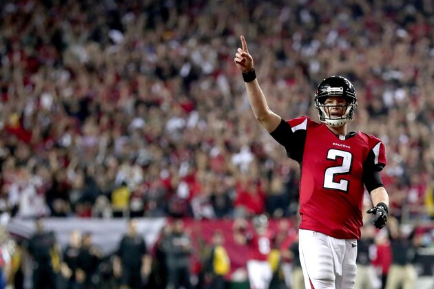 ATLANTA, GA - JANUARY 22:  Matt Ryan #2 of the Atlanta Falcons reacts after a touchdown in the fourth quarter against the Green Bay Packers in the NFC Championship Game at the Georgia Dome on January 22, 2017 in Atlanta, Georgia.  (Photo by Tom Pennington/Getty Images)