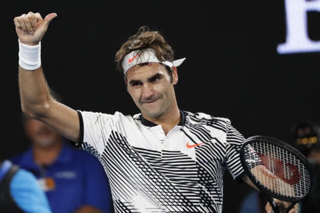 Switzerland's Roger Federer celebrates his win over Japan's Kei Nishikori during their fourth round match at the Australian Open tennis championships in Melbourne, Australia, Sunday, Jan. 22, 2017. (AP Photo/Dita Alangkara) Switzerland's Roger Federer celebrates his win over Japan's Kei Nishikori during their fourth round match at the Australian Open tennis championships in Melbourne, Australia, Sunday, Jan. 22, 2017. (AP Photo/Dita Alangkara)