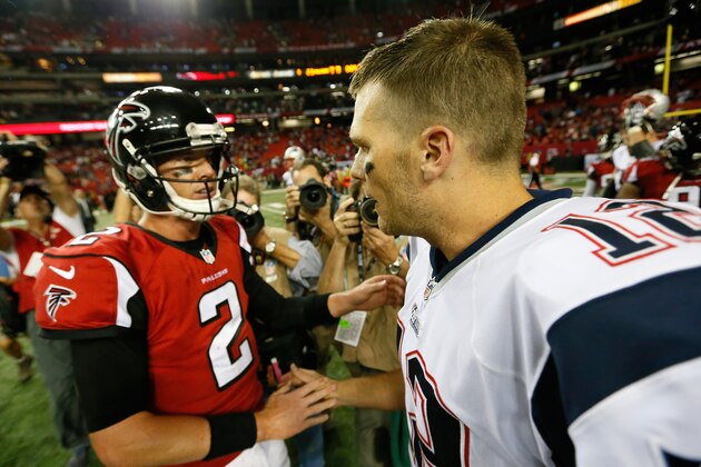 ATLANTA, GA - SEPTEMBER 29:  Tom Brady #12 of the New England Patriots is congratulated by Matt Ryan #2 of the Atlanta Falcons after their 30-23 win at Georgia Dome on September 29, 2013 in Atlanta, Georgia.  (Photo by Kevin C. Cox/Getty Images)