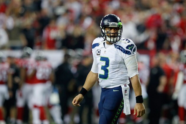 ATLANTA, GA - JANUARY 14:   Russell Wilson #3 of the Seattle Seahawks looks on against the Atlanta Falcons at the Georgia Dome on January 14, 2017 in Atlanta, Georgia.  (Photo by Kevin C. Cox/Getty Images)