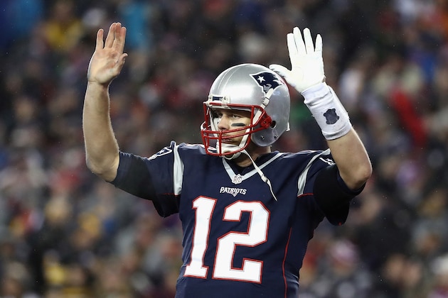 FOXBORO, MA - JANUARY 22:  Tom Brady #12 of the New England Patriots reacts during the second half against the Pittsburgh Steelers in the AFC Championship Game at Gillette Stadium on January 22, 2017 in Foxboro, Massachusetts.  (Photo by Elsa/Getty Images)