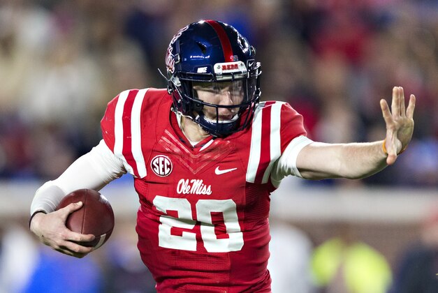 OXFORD, MS - NOVEMBER 26:  Shea Patterson #20 of the Mississippi Rebels runs the ball during a game against the Mississippi State Bulldogs at Vaught-Hemingway Stadium on November 26, 2016 in Oxford, Mississippi.  The Bulldogs defeated the Rebels 55-20.  (Photo by Wesley Hitt/Getty Images)