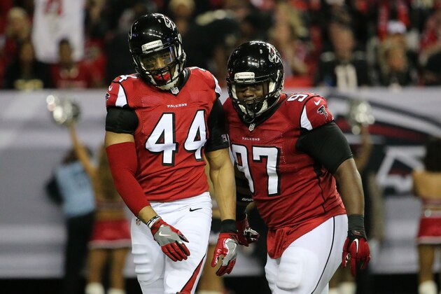 ATLANTA, GA - JANUARY 01: Vic Beasley Jr. #44 celebrates a sack with Grady Jarrett #97 of the Atlanta Falcons during the first half against the New Orleans Saints at the Georgia Dome on January 1, 2017 in Atlanta, Georgia. (Photo by Maddie Meyer/Getty Images)