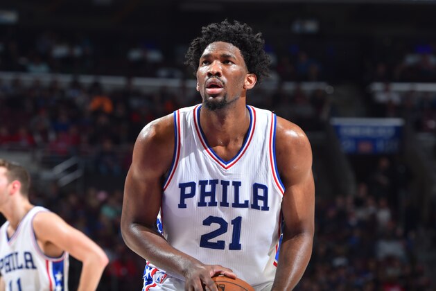 PHILADELPHIA, PA - JANUARY 20:  Joel Embiid #21 of the Philadelphia 76ers shoots a free throw during a game against the Portland Trail Blazers on January 20, 2017 at the Wells Fargo Center in Philadelphia, Pennsylvania. NOTE TO USER: User expressly acknowledges and agrees that, by downloading and/or using this photograph, user is consenting to the terms and conditions of the Getty Images License Agreement. Mandatory Copyright Notice: Copyright 2017 NBAE (Photo by Jesse D. Garrabrant/NBAE via Getty Images)