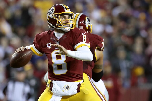 LANDOVER, MD - JANUARY 01: Quarterback Kirk Cousins #8 of the Washington Redskins passes the ball against the New York Giants in the second quarter at FedExField on January 1, 2017 in Landover, Maryland. (Photo by Rob Carr/Getty Images)