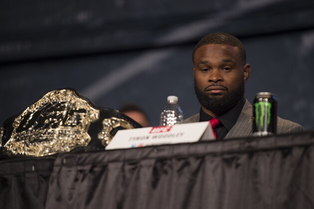 NEW YORK, NY - SEPTEMBER 27:  UFC welterweight champion Tyron Woodley interacts with the media and fans during the UFC 205 press event at Madison Square Garden on September 27, 2016 in New York City. (Photo by Jeff Bottari/Zuffa LLC/Zuffa LLC via Getty Images)