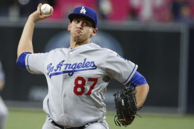 Los Angeles Dodgers starter Jose De Leon works against the San Diego Padres during the first inning of baseball game Wednesday, Sept. 28, 2016, in San Diego. (AP Photo/Lenny Ignelzi)