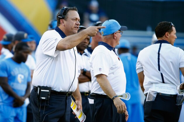 SAN DIEGO, CA - NOVEMBER 22: Defensive Coordinator John Pagano of the San Diego Chargers points during a game against the Kansas City Chiefs at Qualcomm Stadium on November 22, 2015 in San Diego, California. (Photo by Sean M. Haffey/Getty Images)
