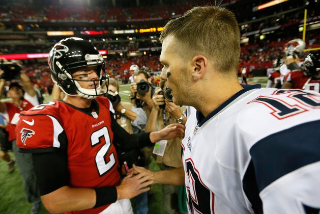 ATLANTA, GA - SEPTEMBER 29:  Tom Brady #12 of the New England Patriots is congratulated by Matt Ryan #2 of the Atlanta Falcons after their 30-23 win at Georgia Dome on September 29, 2013 in Atlanta, Georgia.  (Photo by Kevin C. Cox/Getty Images)