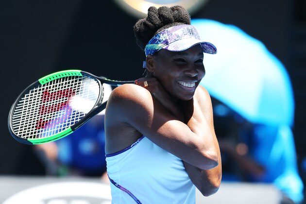 MELBOURNE, AUSTRALIA - JANUARY 24:  Venus Williams of the United States celebrates winning her quarterfinal match against Anastasia Pavlyuchenkova of Russia on day nine of the 2017 Australian Open at Melbourne Park on January 24, 2017 in Melbourne, Australia.  (Photo by Michael Dodge/Getty Images)
