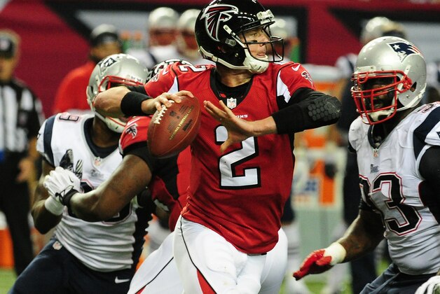 ATLANTA, GA - SEPTEMBER 29: Matt Ryan #2 of the Atlanta Falcons passes against the New England Patriots at the Georgia Dome on September 29, 2013 in Atlanta, Georgia. (Photo by Scott Cunningham/Getty Images)