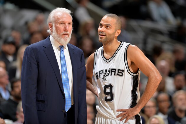 SAN ANTONIO, TX - JANUARY 17: Head Coach Gregg Popovich and Tony Parker #9 of the San Antonio Spurs are seen against the Minnesota Timberwolves on January 17, 2017 at the AT&T Center in San Antonio, Texas. NOTE TO USER: User expressly acknowledges and agrees that, by downloading and or using this photograph, user is consenting to the terms and conditions of the Getty Images License Agreement. Mandatory Copyright Notice: Copyright 2017 NBAE (Photos by Mark Sobhani/NBAE via Getty Images)
