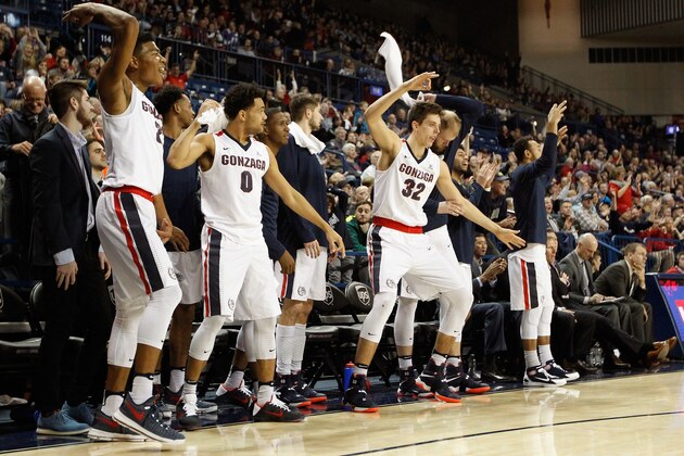 SPOKANE, WA - DECEMBER 21:  The Gonzaga Bulldogs cheer from the bench in the second half against the South Dakota Coyotes at McCarthey Athletic Center on December 21, 2016 in Spokane, Washington.  Gonzaga defeated South Dakota 102-65.  (Photo by William Mancebo/Getty Images)