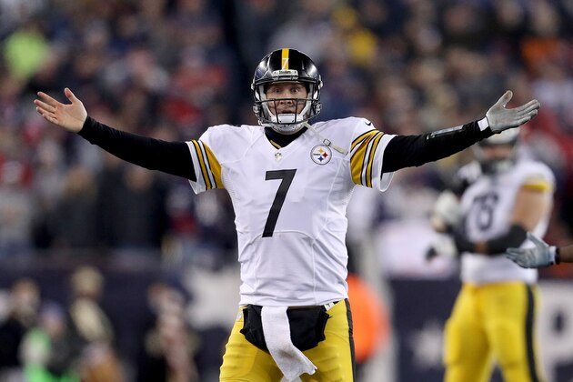 FOXBORO, MA - JANUARY 22:  Ben Roethlisberger #7 of the Pittsburgh Steelers reacts during the second half against the New England Patriots in the AFC Championship Game at Gillette Stadium on January 22, 2017 in Foxboro, Massachusetts.  (Photo by Patrick Smith/Getty Images)