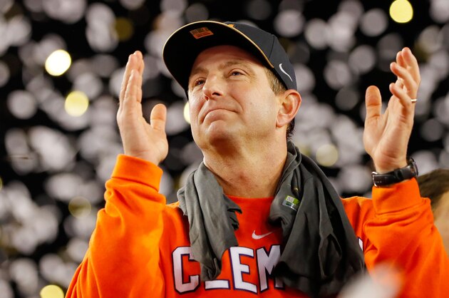 TAMPA, FL - JANUARY 09:  Head coach Dabo Swinney of the Clemson Tigers reacts after defeating the Alabama Crimson Tide 35-31 to win the 2017 College Football Playoff National Championship Game at Raymond James Stadium on January 9, 2017 in Tampa, Florida.  (Photo by Kevin C. Cox/Getty Images)
