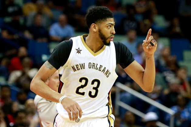 NEW ORLEANS, LA - JANUARY 18:  Anthony Davis #23 of the New Orleans Pelicans reacts during a game agianst the Orlando Magic at the Smoothie King Center on January 18, 2017 in New Orleans, Louisiana. NOTE TO USER: User expressly acknowledges and agrees that, by downloading and or using this photograph, User is consenting to the terms and conditions of the Getty Images License Agreement.  (Photo by Sean Gardner/Getty Images)