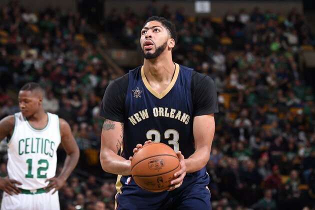 BOSTON, MA - JANUARY 7: Anthony Davis #23 of the New Orleans Pelicans shoots a free throw during the game against the Boston Celtics on January 7, 2017 at TD Garden in Boston, Masschusetts.  NOTE TO USER: User expressly acknowledges and agrees that, by downloading and or using this photograph, user is consenting to the terms and condition of the Getty Images License Agreement. Mandatory Copyright Notice: 2017 NBAE  (Photo by Brian Babineau/NBAE via Getty Images)