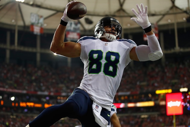 ATLANTA, GA - JANUARY 14:  Jimmy Graham #88 of the Seattle Seahawks reacts after scoring a touchdown against the Atlanta Falcons at the Georgia Dome on January 14, 2017 in Atlanta, Georgia.  (Photo by Gregory Shamus/Getty Images)